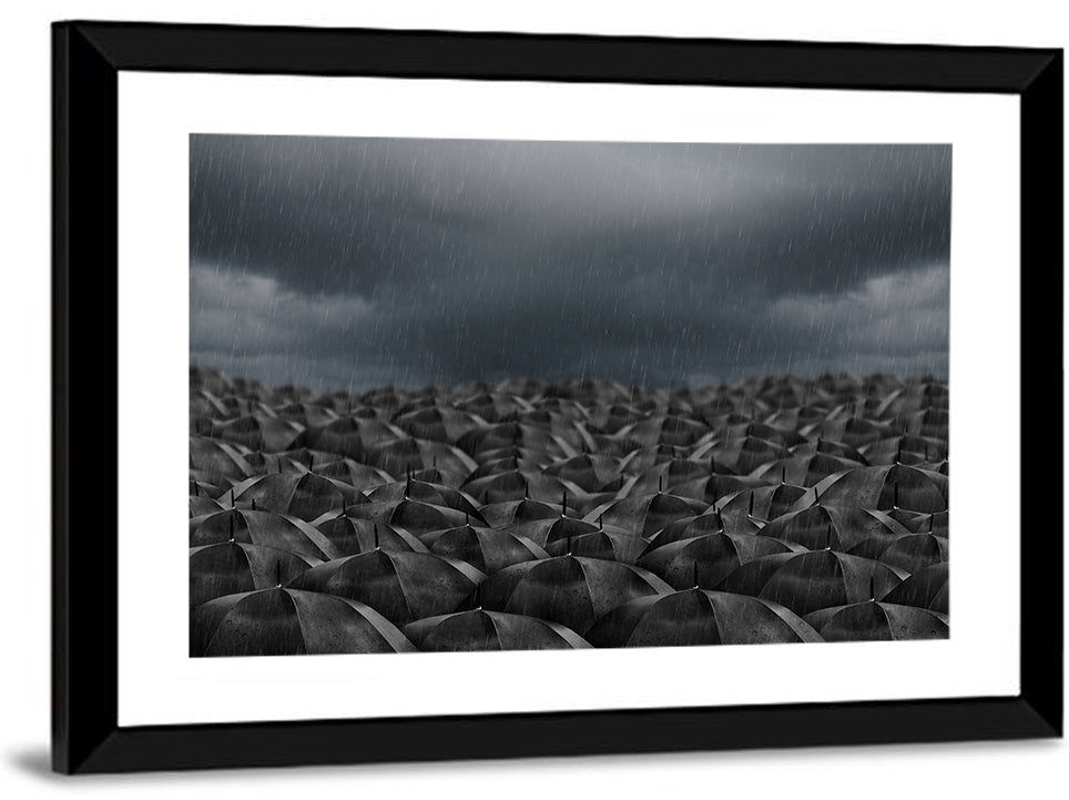 Clustered Umbrellas in Rain Wall Art
