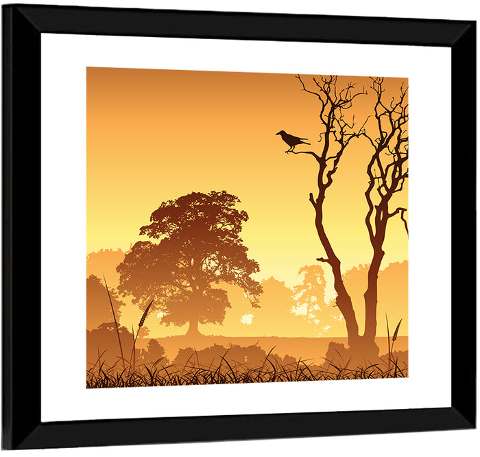 Golden Mist Tree Silhouettes with Crow Wall Art as a framed print