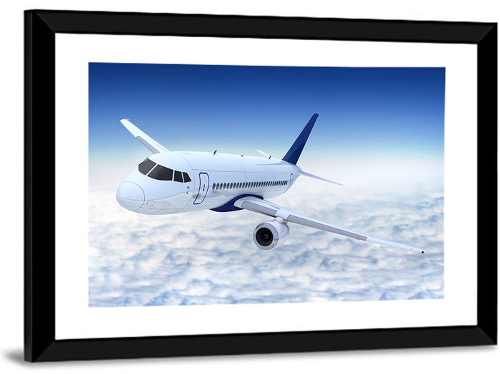 Commercial Jet Above Clouds Wall Art as a framed print