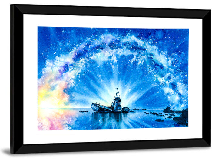 Shipwreck Under Milky Way Wall Art as a framed print