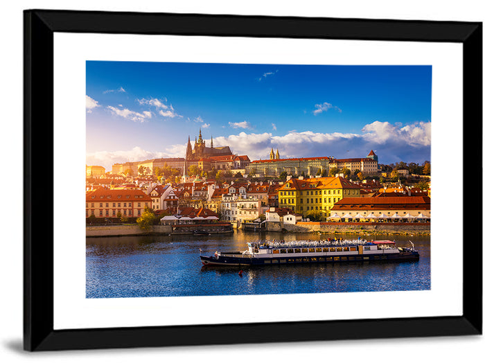 Prague Castle Golden Hour River View Wall Art as a framed print
