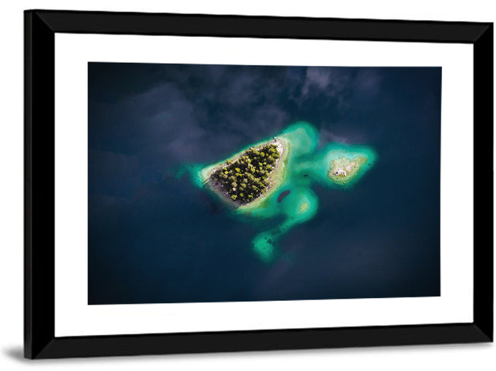 Lake Eibsee Turtle Islands Aerial Wall Art as a framed print