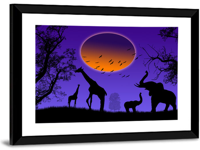 Sunset Savannah Silhouette Wall Art as a framed print