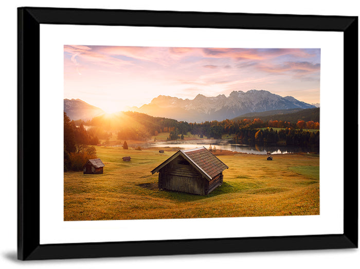 Sunrise Over Geroldsee Cabin Wall Art as a framed print
