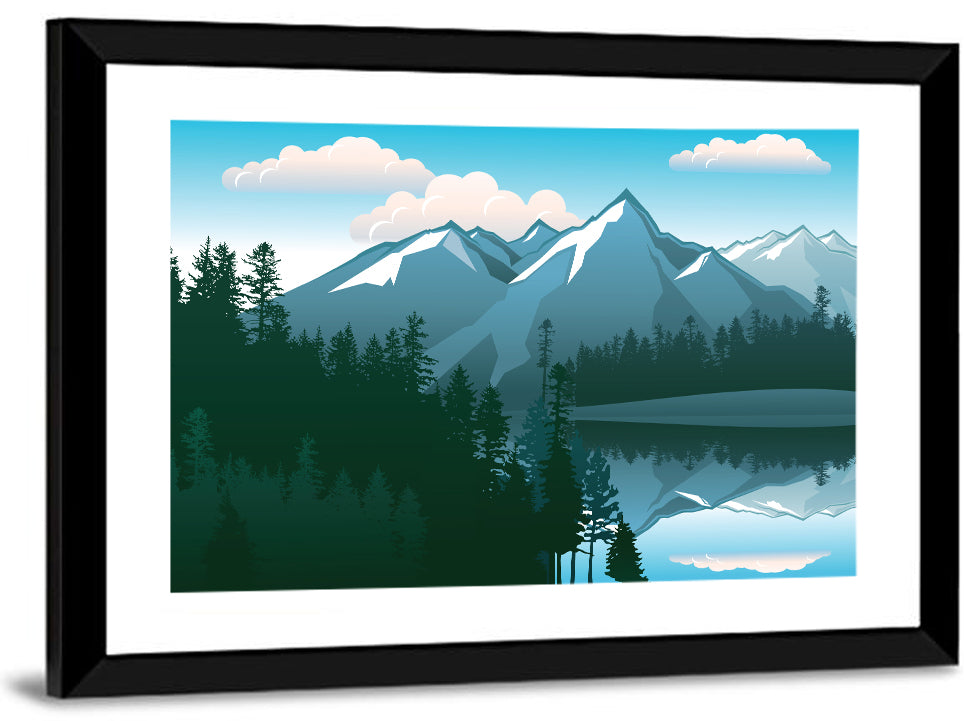 Tranquil Mountain Lake Illustration Wall Art