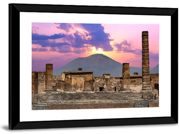 Pompeii Columns at Sunset, Mount Vesuvius Wall Art as a framed print