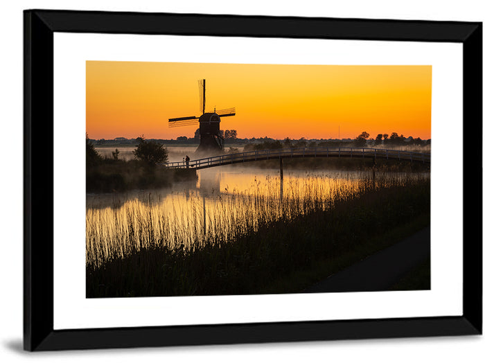 Misty Sunrise Windmill Wall Art as a framed print
