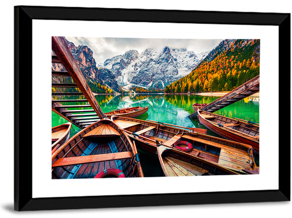 Braies Lake Wooden Stairs and Seekofel Mount Wall Art