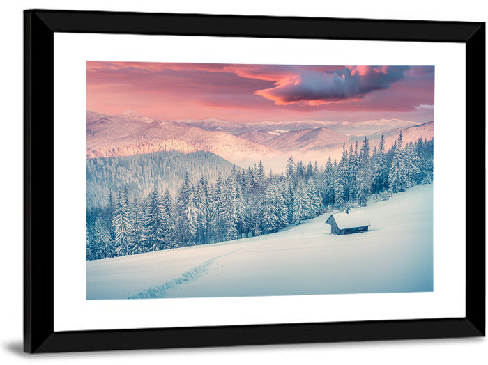 Cabin at Winter Sunrise Wall Art as a framed print
