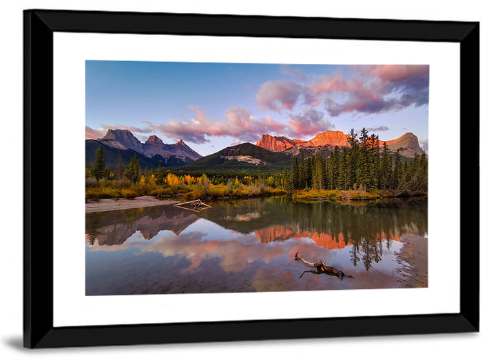 Three Sisters Mountains Wall Art as a framed print