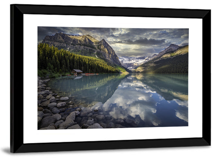 Cloudy Lake Louise Wall Art as a framed print