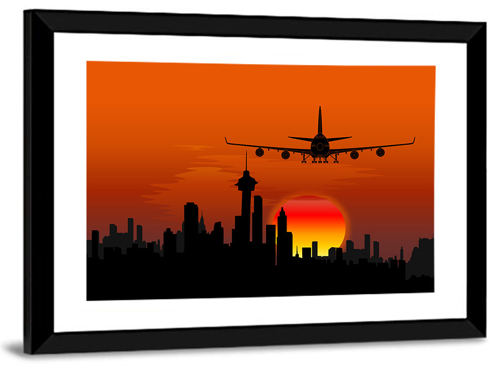 Approaching Jet Over Sunset Skyline Wall Art