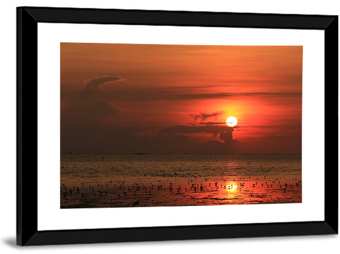 Red Sunrise with Birds Wall Art as a framed print