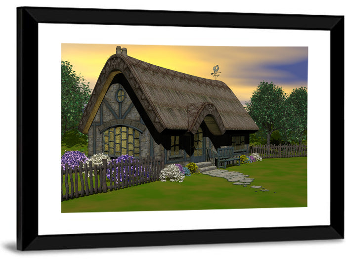 Country Cottage with Thatched Roof Wall Art as a framed print