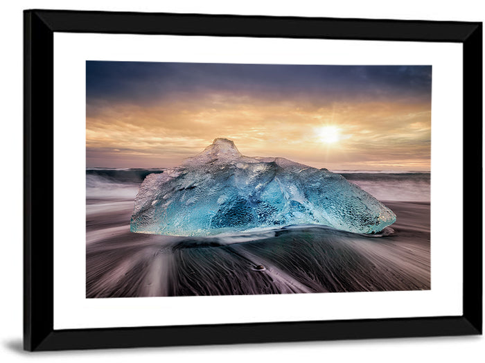 Diamond Beach Iceberg at Sunset Wall Art as a framed print