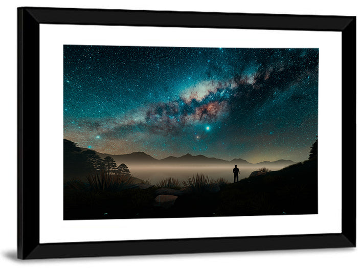 Milky Way Over Misty Mountain Ridge Wall Art as a framed print