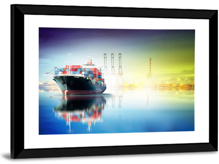 Harbor Cargo Ship with Reflection Wall Art as a framed print