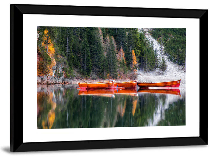 Autumn Rowboats on Mountain Lake Wall Art as a framed print