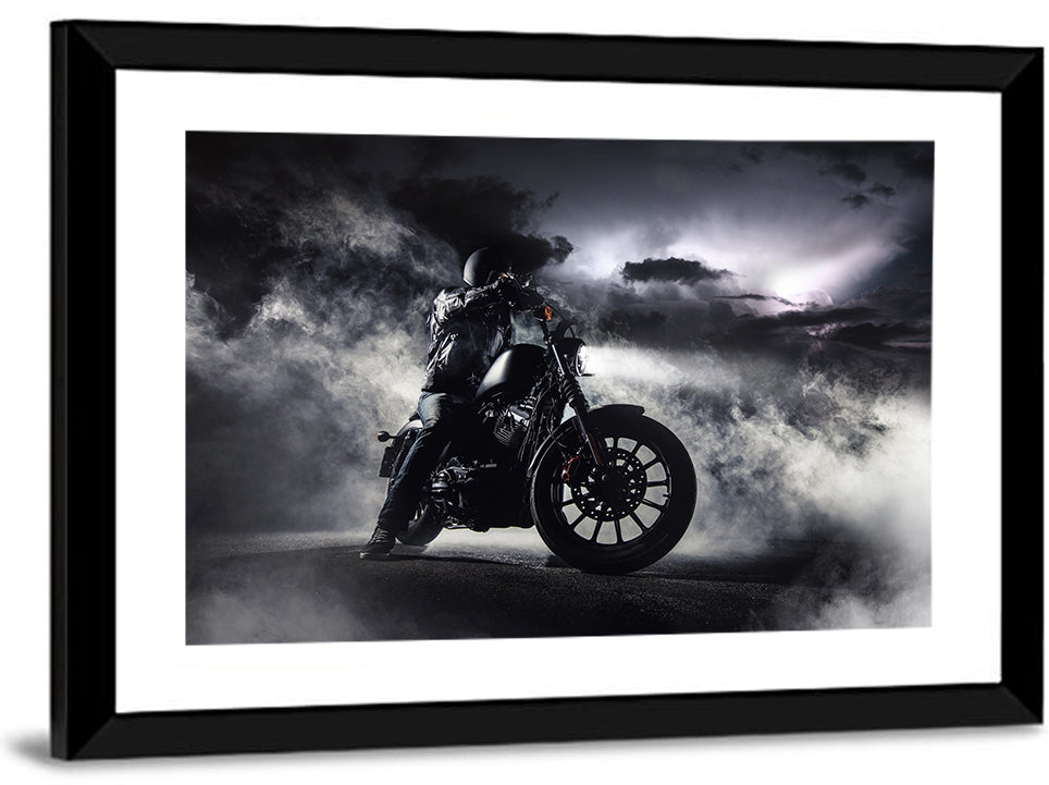 Motorcyclist in Fog at Night Wall Art