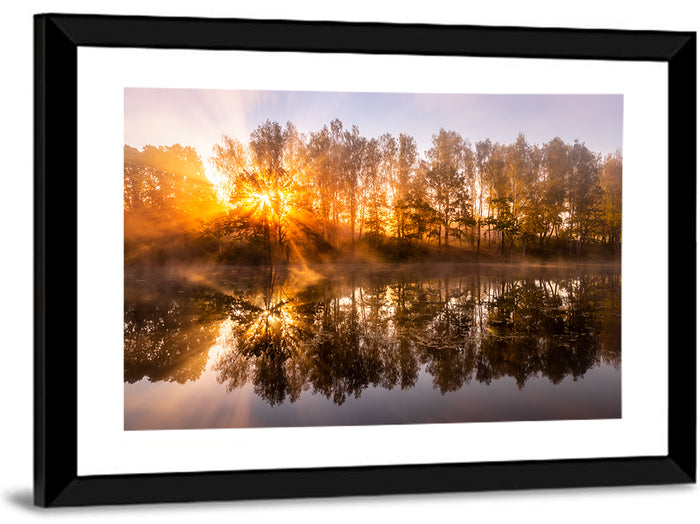 Misty Sunrise Over Pond Wall Art as a framed print