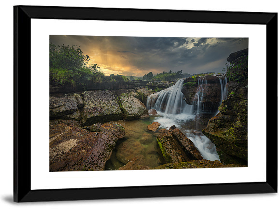 Mossy Rocks Waterfall at Golden Sky Wall Art
