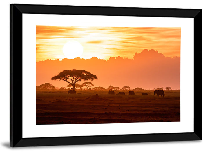 African Elephant Herd at Sunset Wall Art as a framed print