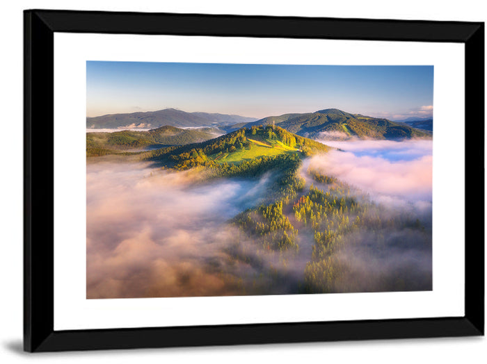 Foggy Mountain Sunrise Wall Art as a framed print