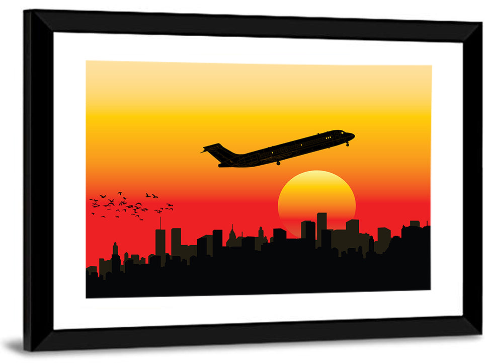 Airplane Over Sunset Skyline Wall Art