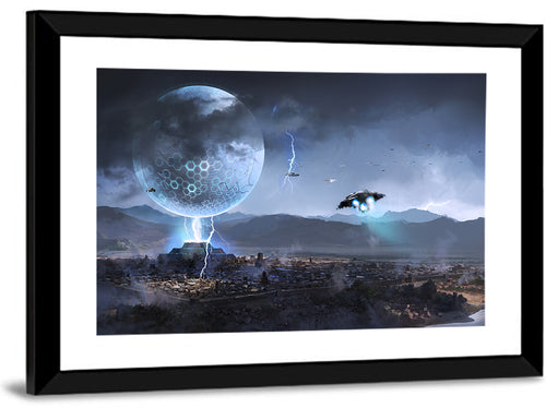 Alien Planet Cityscape with Spaceships Wall Art