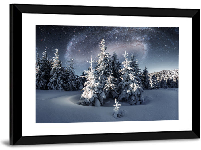 Milky Way Winter Forest Wall Art as a framed print
