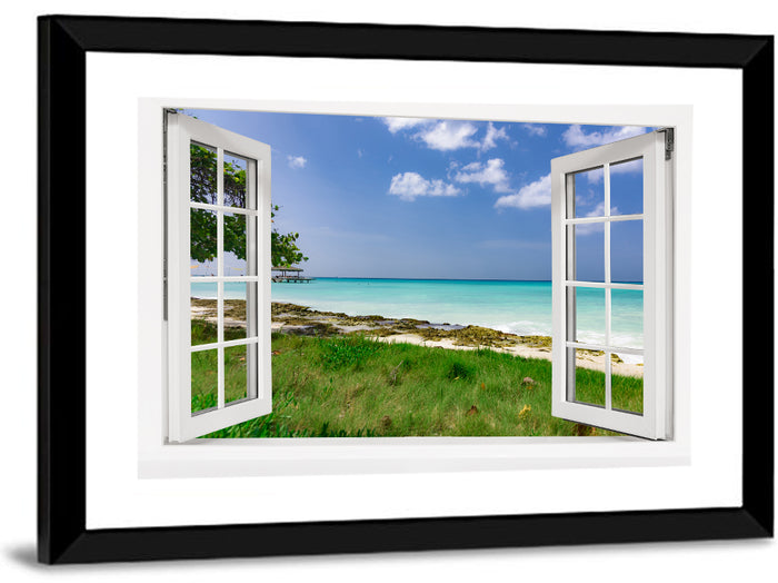 Gazebo on Pier Over Turquoise Ocean Wall Art as a framed print