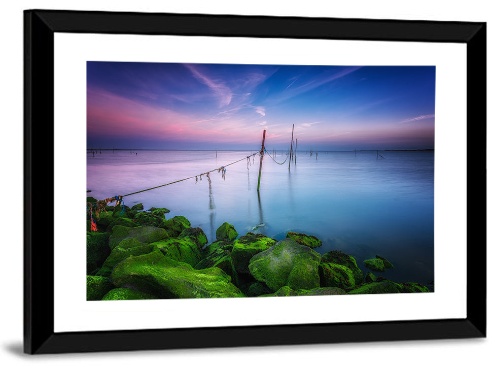 Mossy Coastal Rocks at Dusk Wall Art