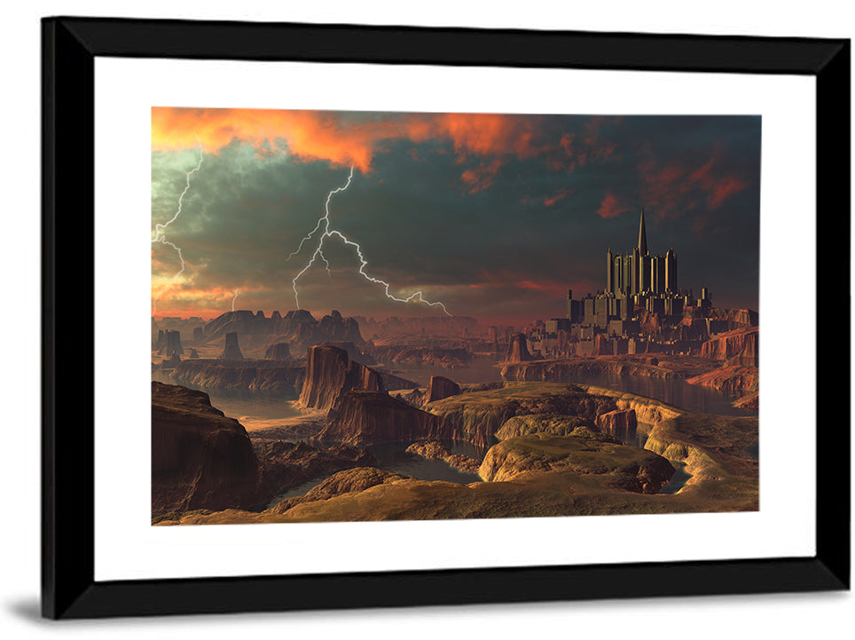 Dusk Storm Over Alien Fortress Wall Art