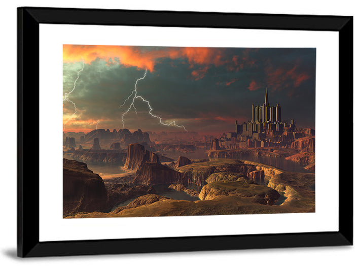 Dusk Storm Over Alien Fortress Wall Art as a framed print