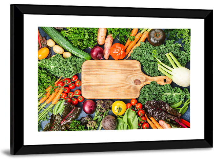 Vegetable Harvest on Cutting Board Wall Art as a framed print