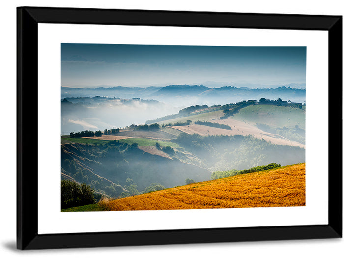 Morning Mist Over Tuscany Wall Art as a framed print