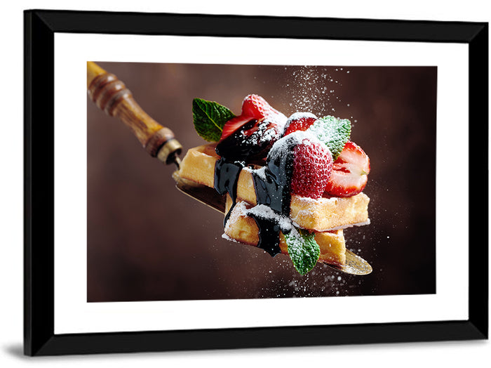 Chocolate Drizzle Waffles with Strawberries Wall Art as a framed print