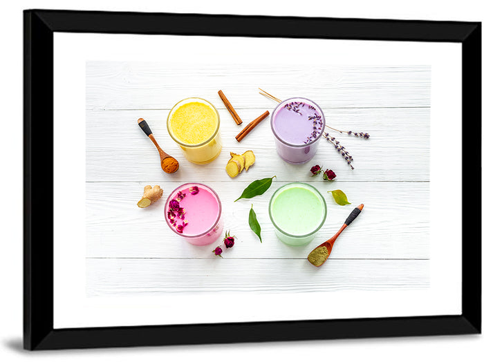 Four Lattes with Botanicals Wall Art as a framed print