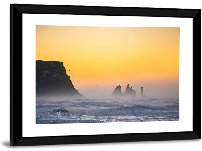 Dyrholaey Cliff with Reynisdrangar Sea Stacks Wall Art as a framed print