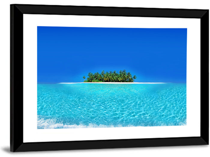 Turquoise Atoll Sandbar with Palm Trees Wall Art as a framed print