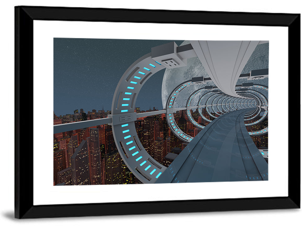 Futuristic City Tunnel with Moon Wall Art