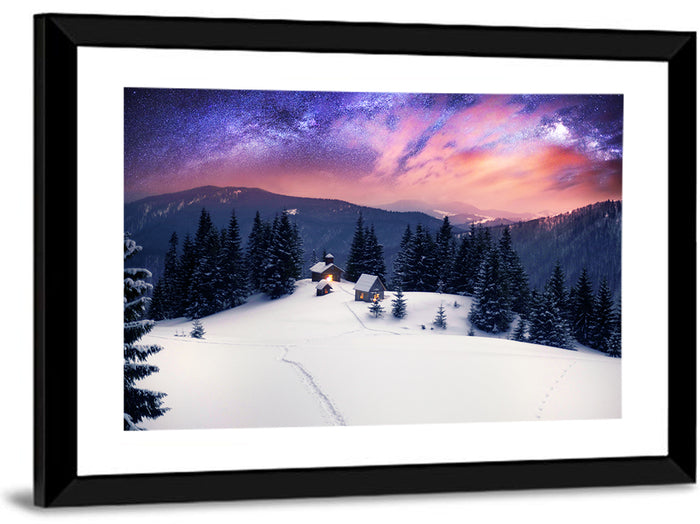 Starry Winter Cabins Under the Milky Way Wall Art as a framed print