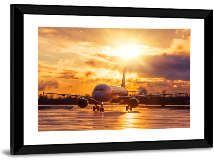 Golden Hour Airliner on Wet Runway Wall Art as a framed print