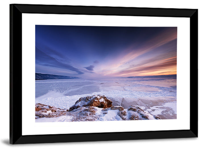 Frozen Lake Ice and Sunset Sky Wall Art as a framed print