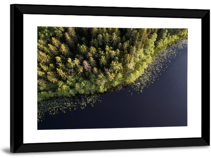 Aerial Lake with Red Boat Wall Art as a framed print