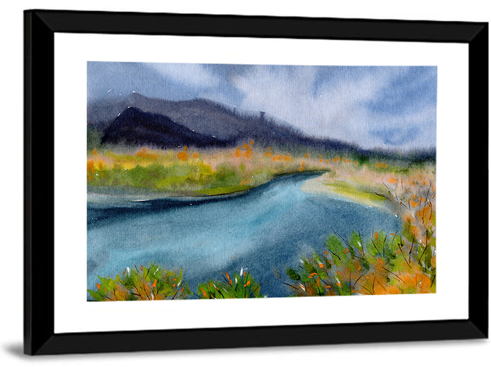 Misty Autumn River and Mountain Landscape Wall Art as a framed print
