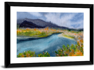 Lake by Mountains Watercolor Wall Art