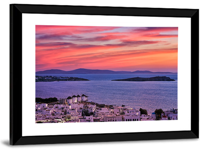 Mykonos Windmills at Sunset Wall Art as a framed print