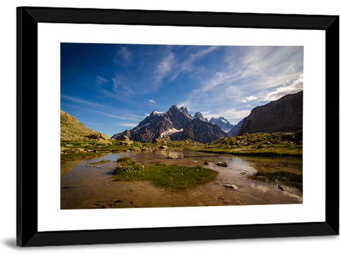 La Meije Alpine Lake and Stone Hut Wall Art as a framed print
