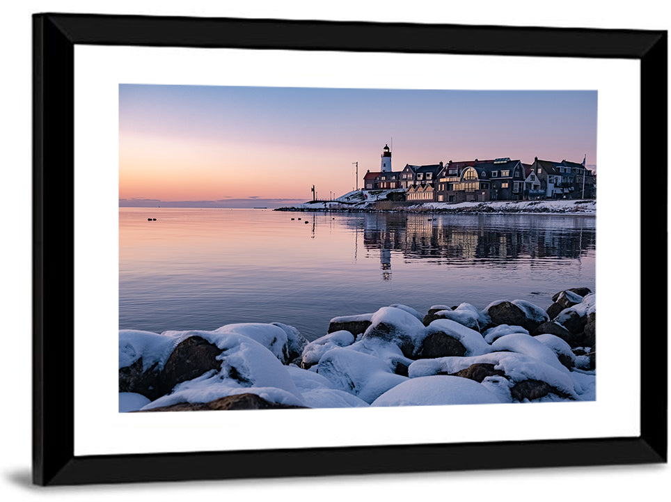 Urk Lighthouse Winter Twilight Harbor Wall Art